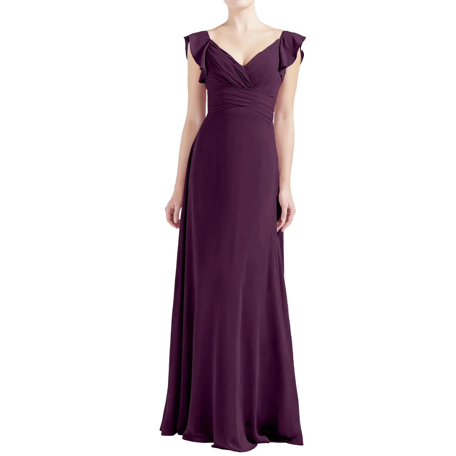 MACloth Women V Neck Ruffle Cap Sleeve Empire Waist Long Bridesmaid Dresses
