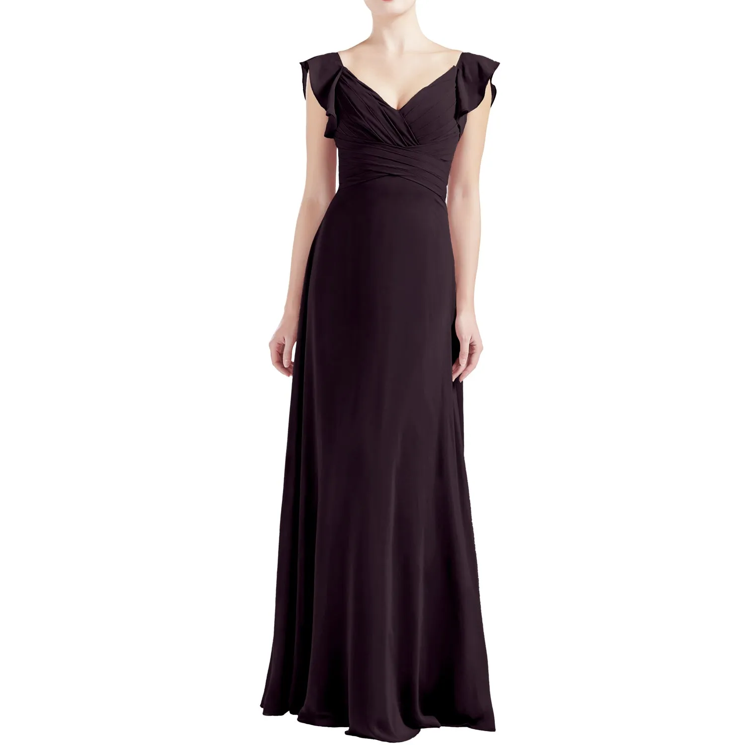 MACloth Women V Neck Ruffle Cap Sleeve Empire Waist Long Bridesmaid Dresses
