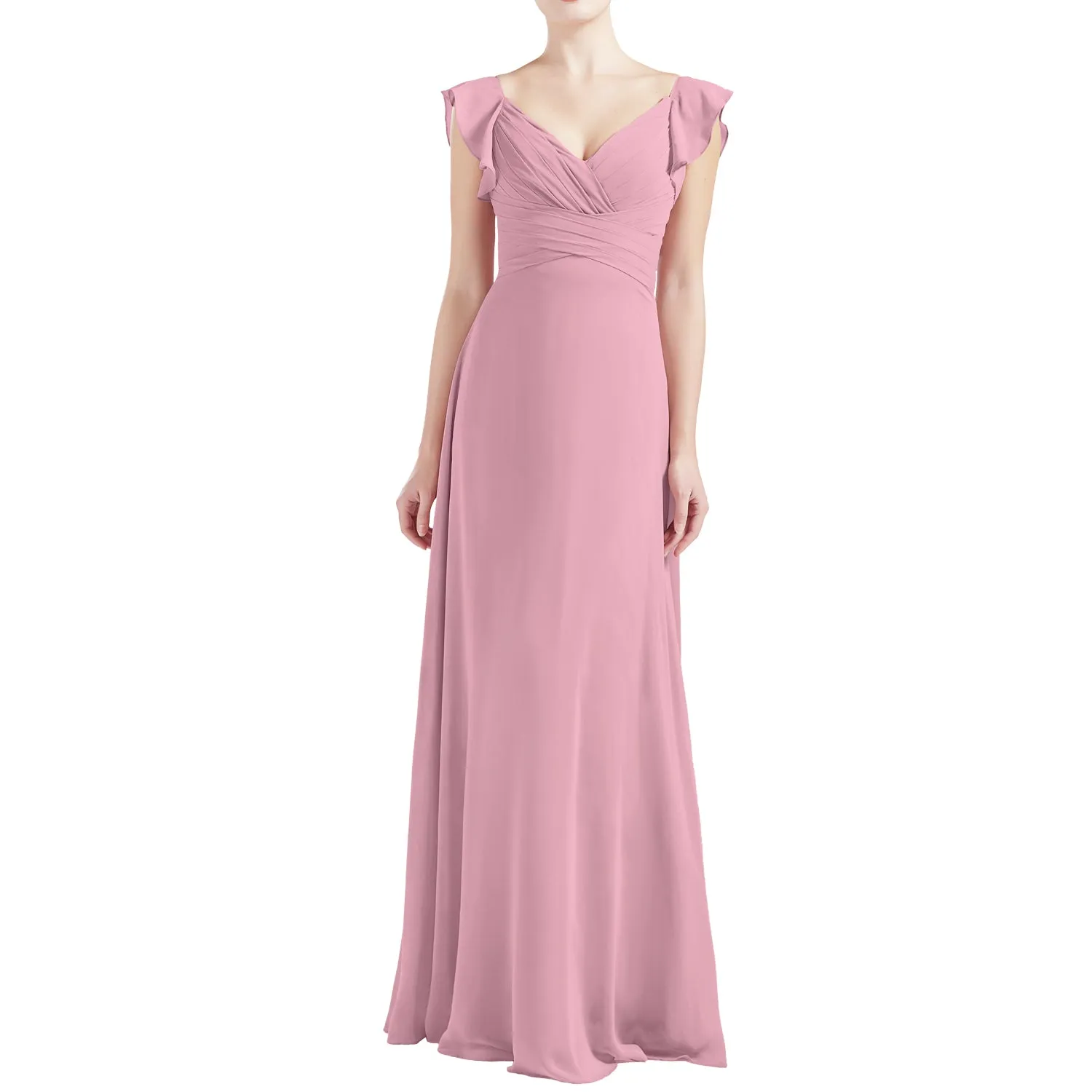 MACloth Women V Neck Ruffle Cap Sleeve Empire Waist Long Bridesmaid Dresses
