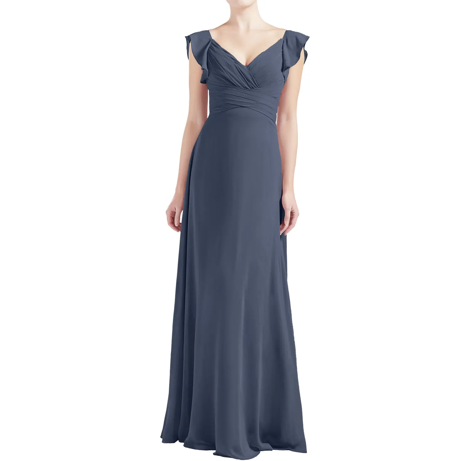 MACloth Women V Neck Ruffle Cap Sleeve Empire Waist Long Bridesmaid Dresses