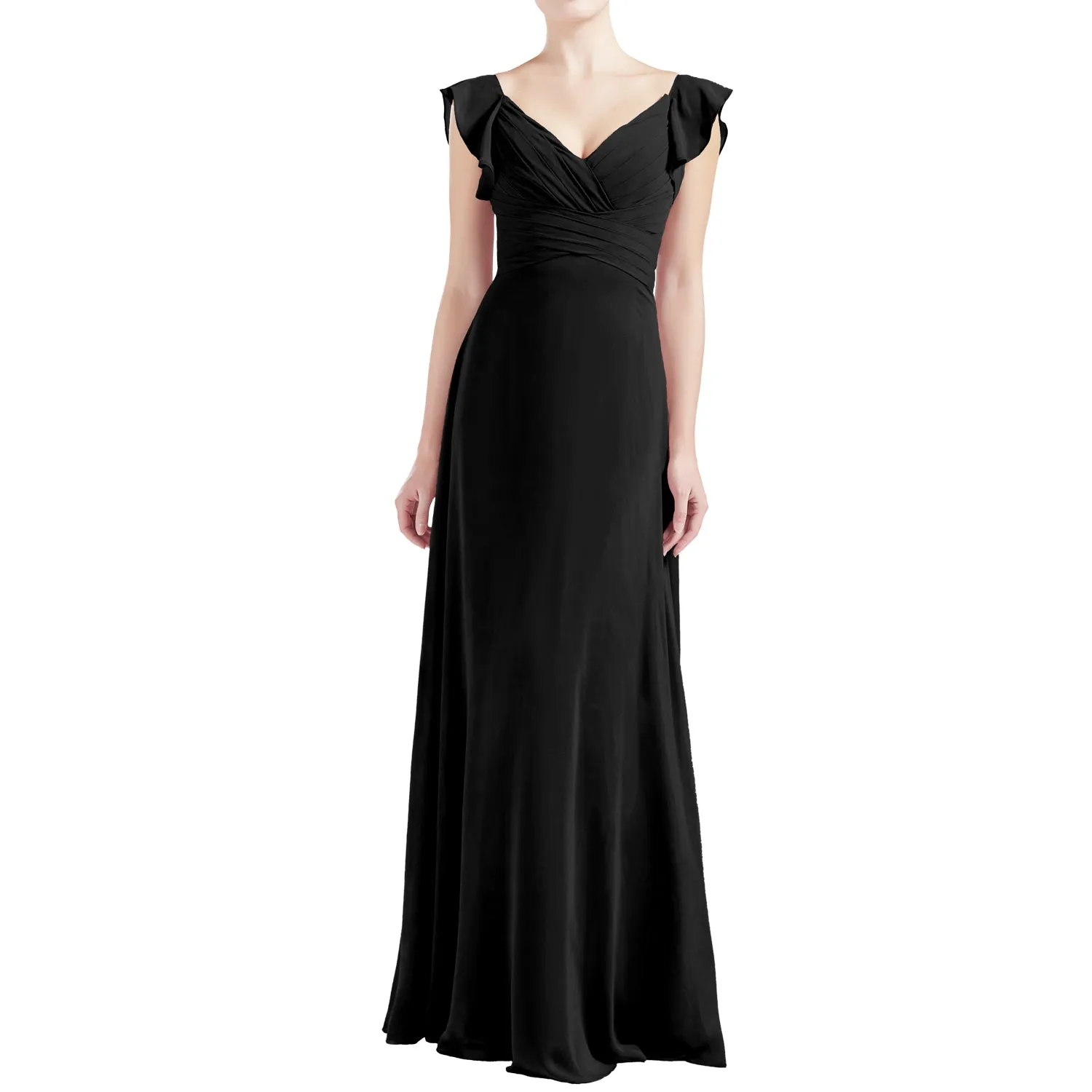 MACloth Women V Neck Ruffle Cap Sleeve Empire Waist Long Bridesmaid Dresses