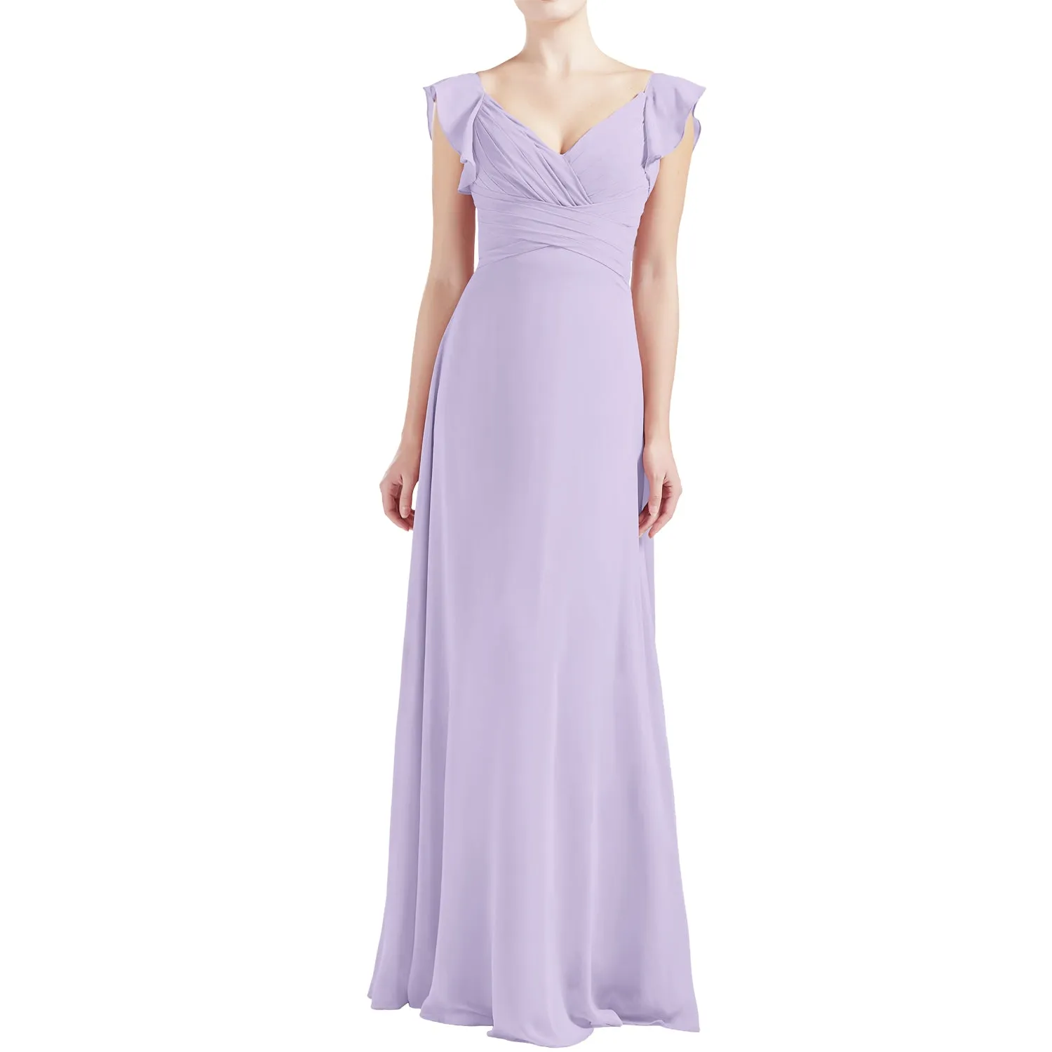 MACloth Women V Neck Ruffle Cap Sleeve Empire Waist Long Bridesmaid Dresses