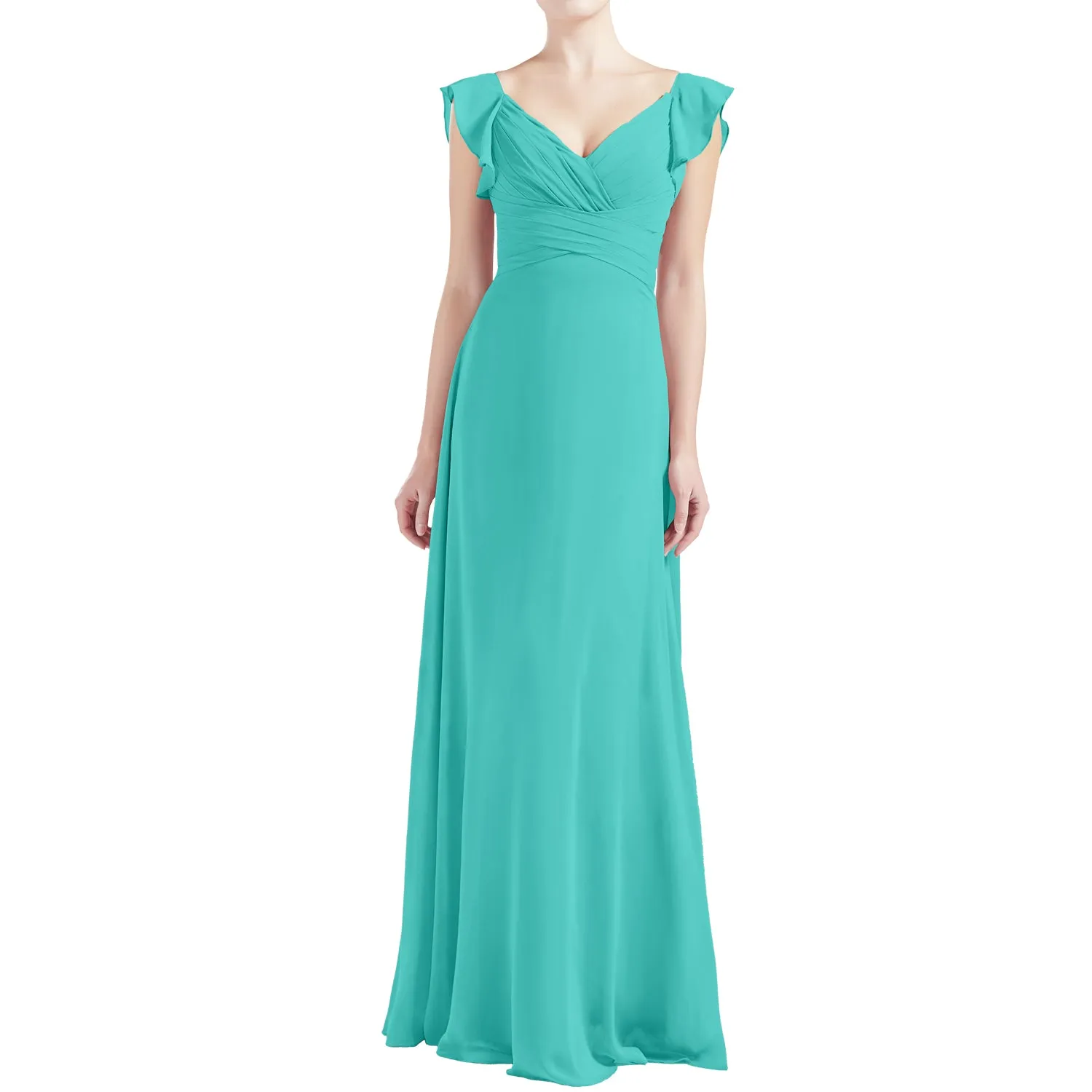 MACloth Women V Neck Ruffle Cap Sleeve Empire Waist Long Bridesmaid Dresses