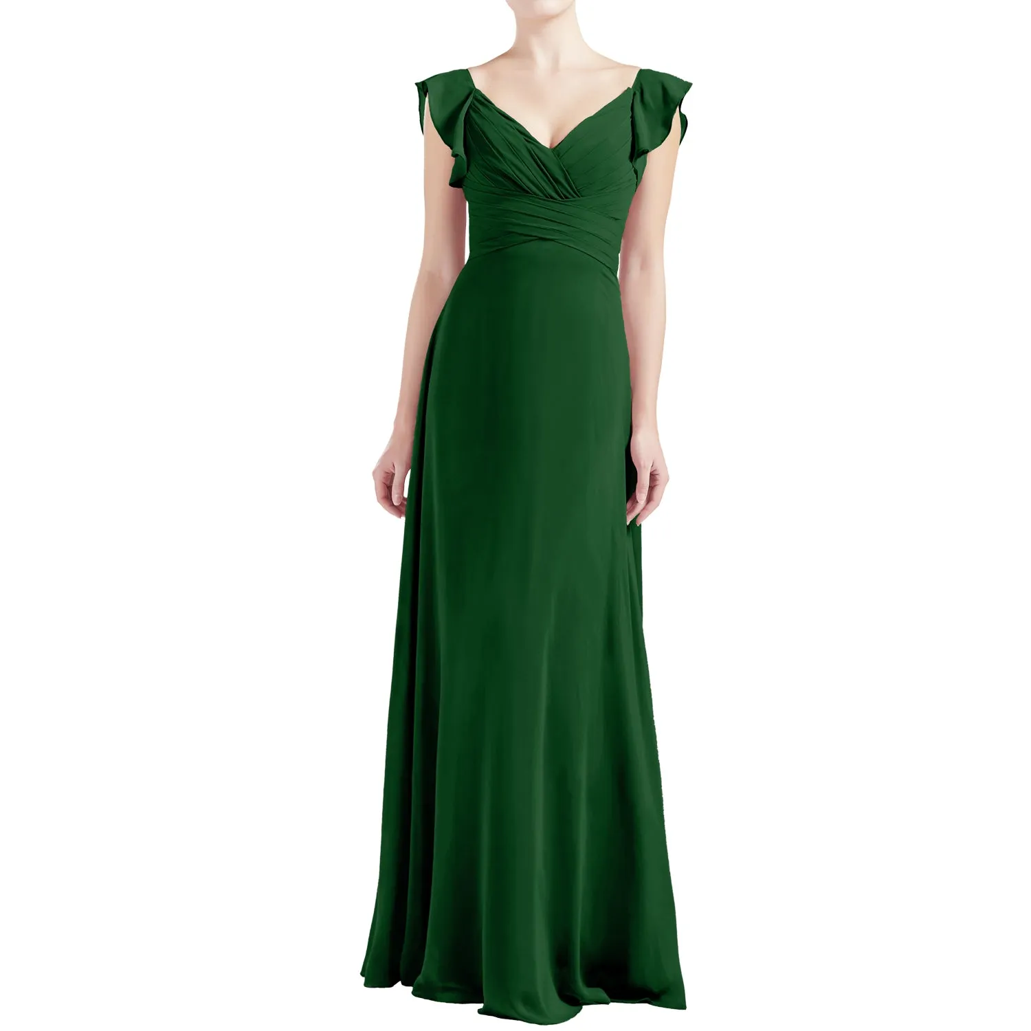 MACloth Women V Neck Ruffle Cap Sleeve Empire Waist Long Bridesmaid Dresses