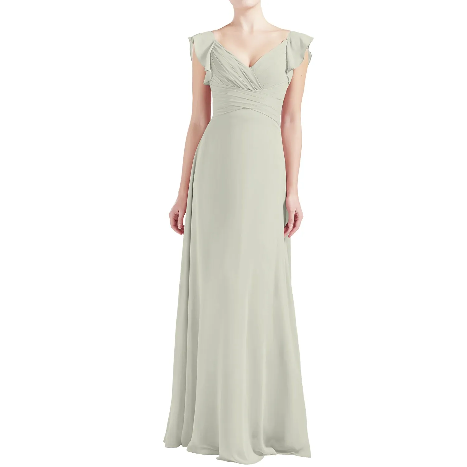 MACloth Women V Neck Ruffle Cap Sleeve Empire Waist Long Bridesmaid Dresses