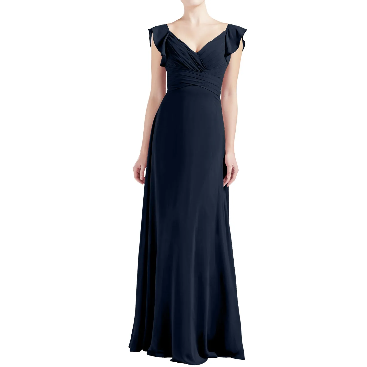 MACloth Women V Neck Ruffle Cap Sleeve Empire Waist Long Bridesmaid Dresses