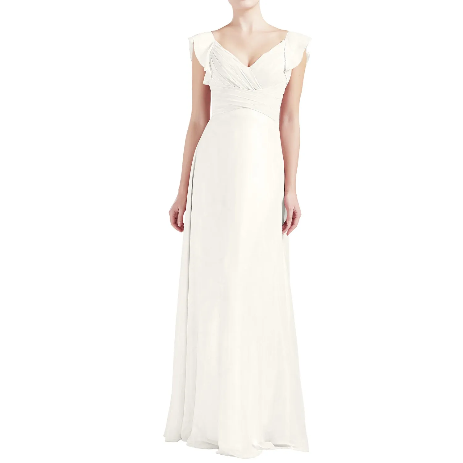MACloth Women V Neck Ruffle Cap Sleeve Empire Waist Long Bridesmaid Dresses