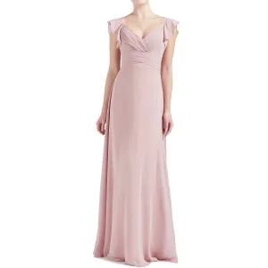 MACloth Women V Neck Ruffle Cap Sleeve Empire Waist Long Bridesmaid Dresses