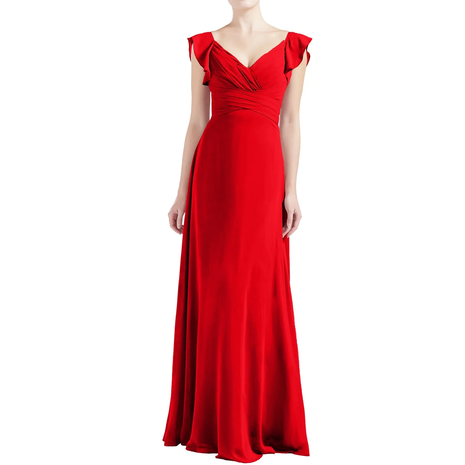 MACloth Women V Neck Ruffle Cap Sleeve Empire Waist Long Bridesmaid Dresses