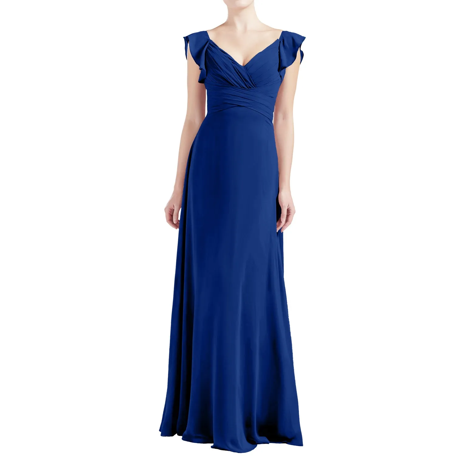 MACloth Women V Neck Ruffle Cap Sleeve Empire Waist Long Bridesmaid Dresses