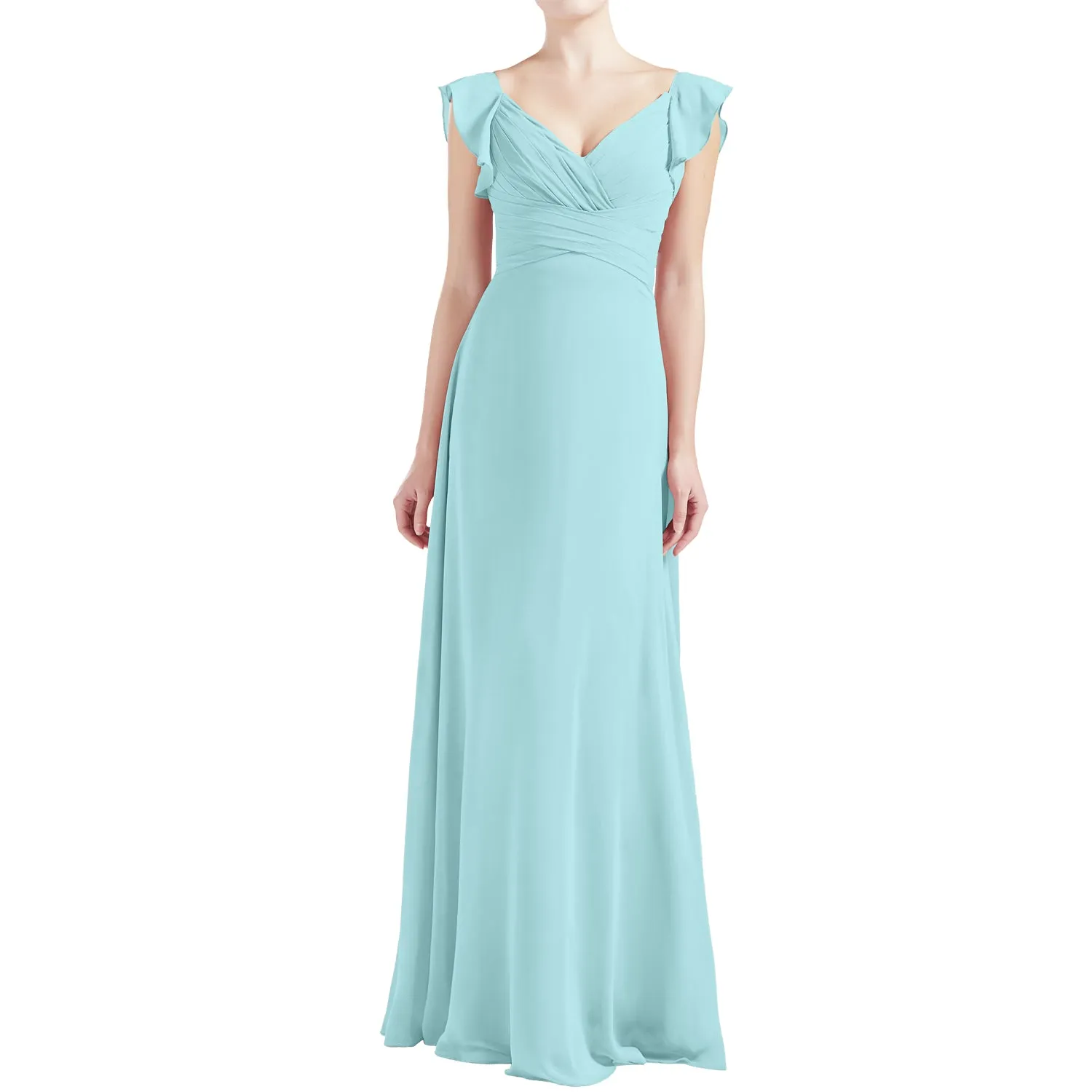 MACloth Women V Neck Ruffle Cap Sleeve Empire Waist Long Bridesmaid Dresses