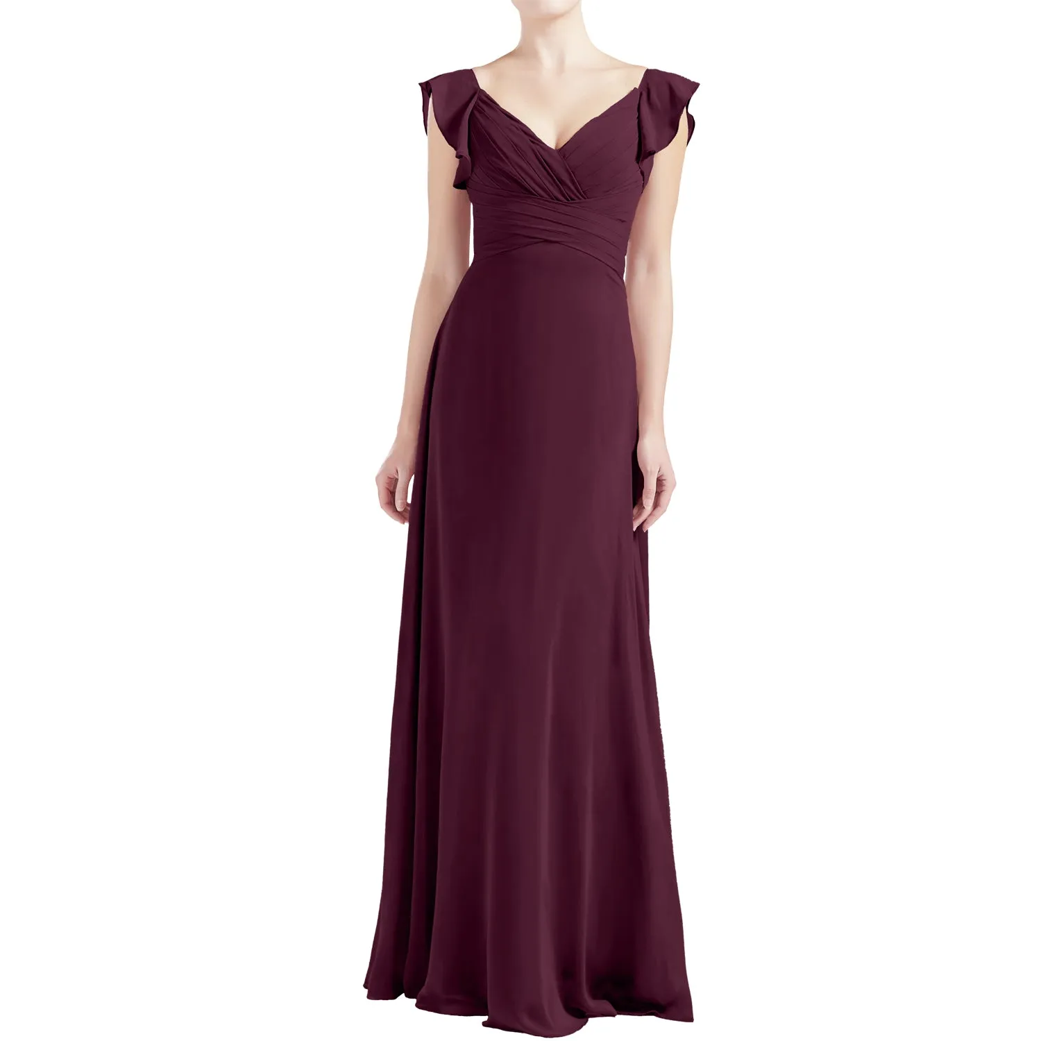 MACloth Women V Neck Ruffle Cap Sleeve Empire Waist Long Bridesmaid Dresses