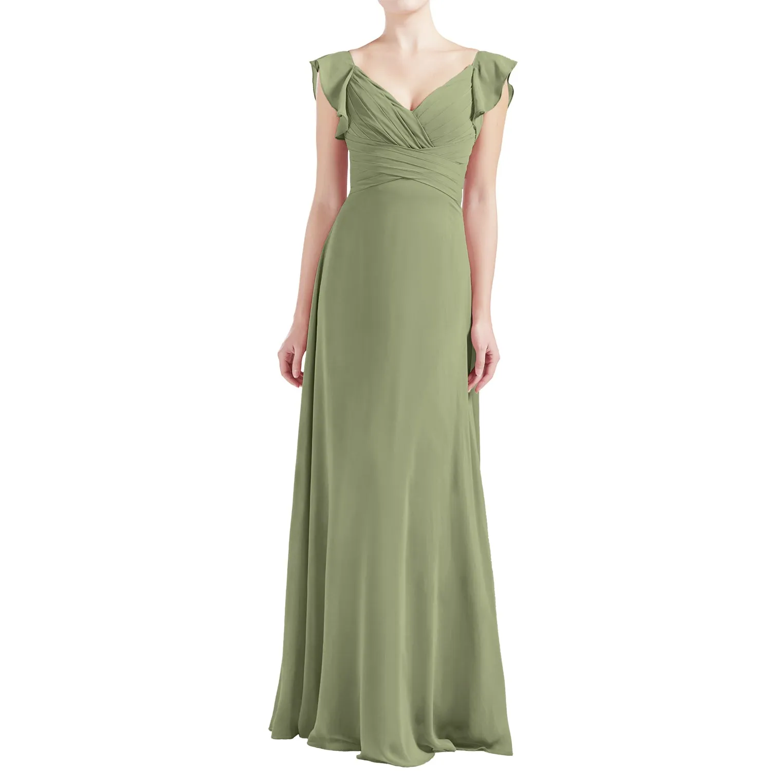 MACloth Women V Neck Ruffle Cap Sleeve Empire Waist Long Bridesmaid Dresses