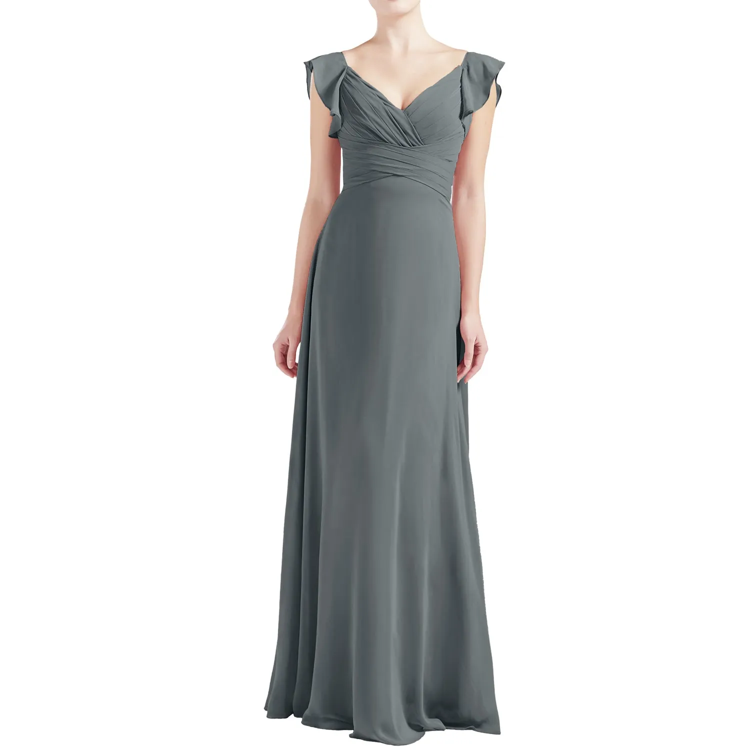 MACloth Women V Neck Ruffle Cap Sleeve Empire Waist Long Bridesmaid Dresses