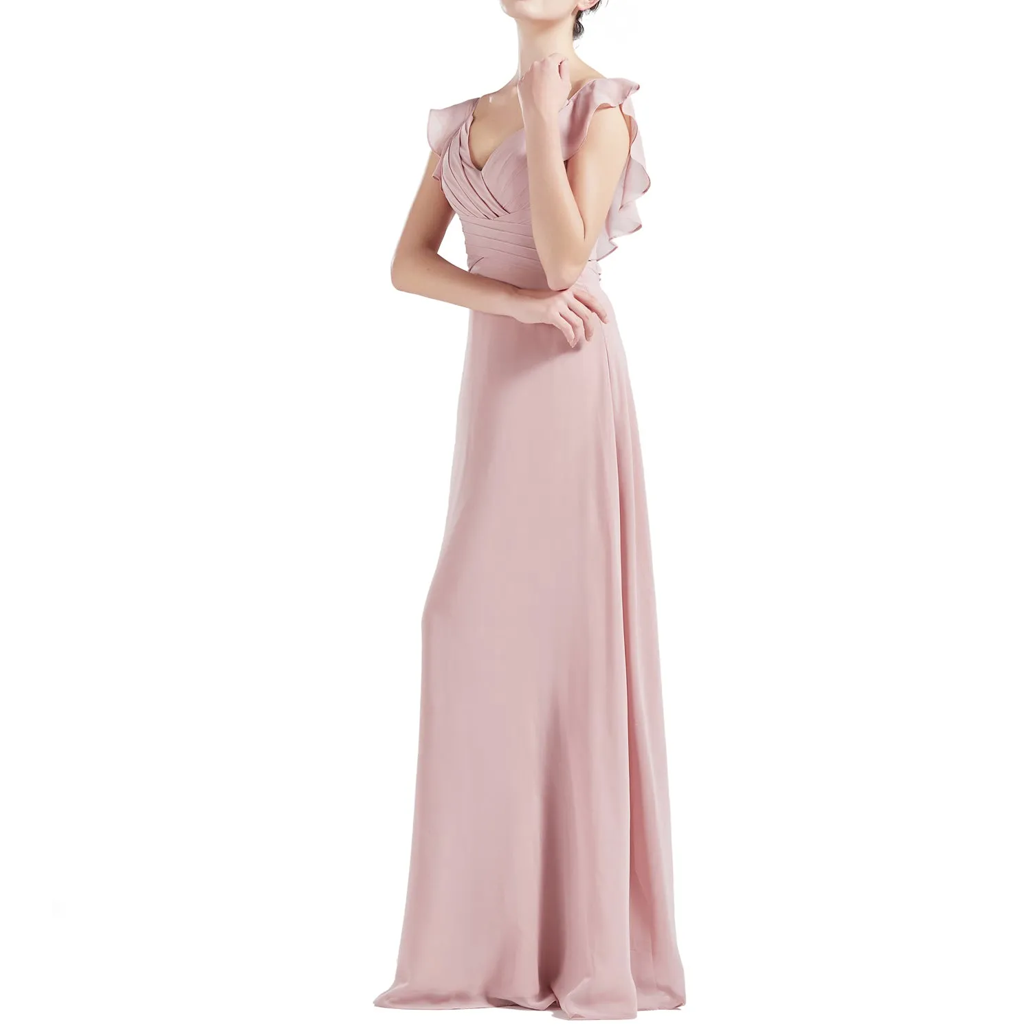 MACloth Women V Neck Ruffle Cap Sleeve Empire Waist Long Bridesmaid Dresses