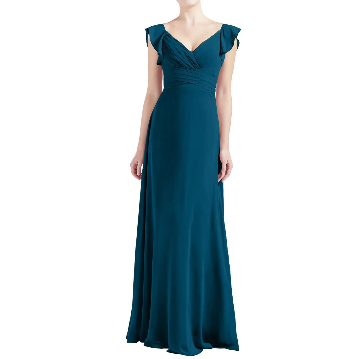 MACloth Women V Neck Ruffle Cap Sleeve Empire Waist Long Bridesmaid Dresses