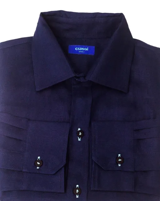 Mallorca Linen Shirt - Navy Blue/Turquoise