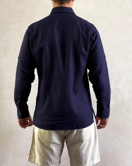 Mallorca Linen Shirt - Navy Blue/Turquoise