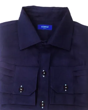 Mallorca Linen Shirt - Navy Blue/Turquoise