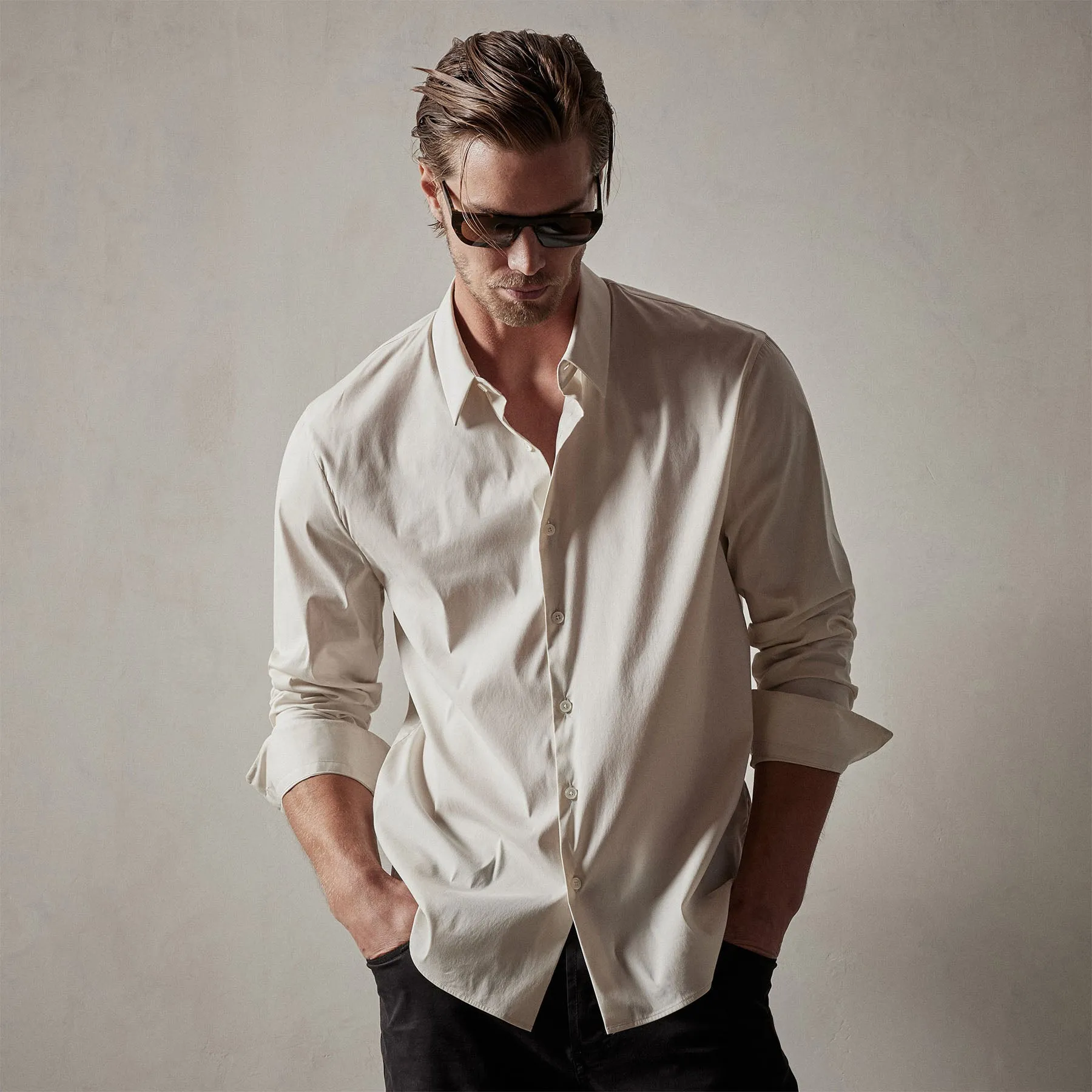 Matte Stretch Poplin Dress Shirt - Sand