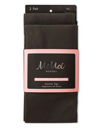 Memoi Ladies Microfiber Opaque 60 Denier Control Top Tights 2-Pack - Charcoal MO-646