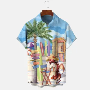 Men's Cartoon Beach Coconut Tree Surfing Short Sleeve Shirt