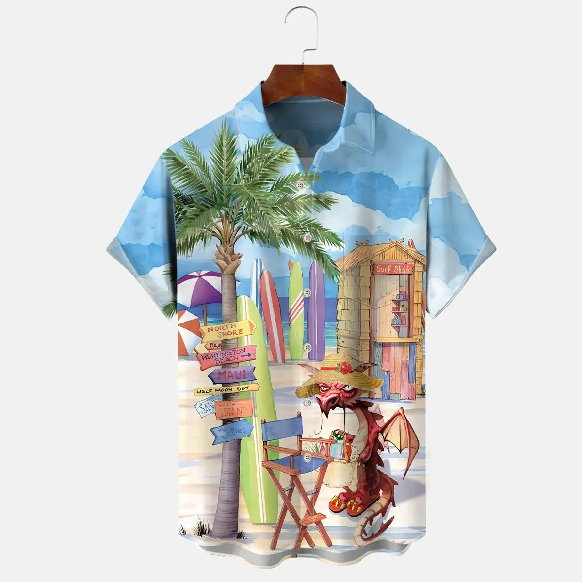 Men's Cartoon Beach Coconut Tree Surfing Short Sleeve Shirt
