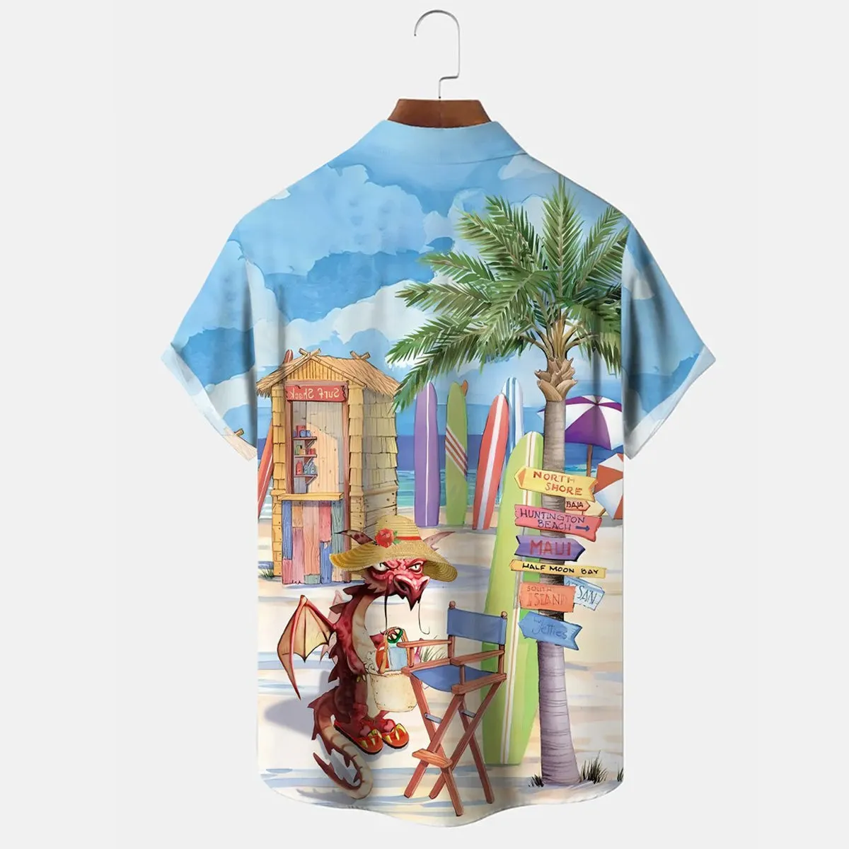 Men's Cartoon Beach Coconut Tree Surfing Short Sleeve Shirt