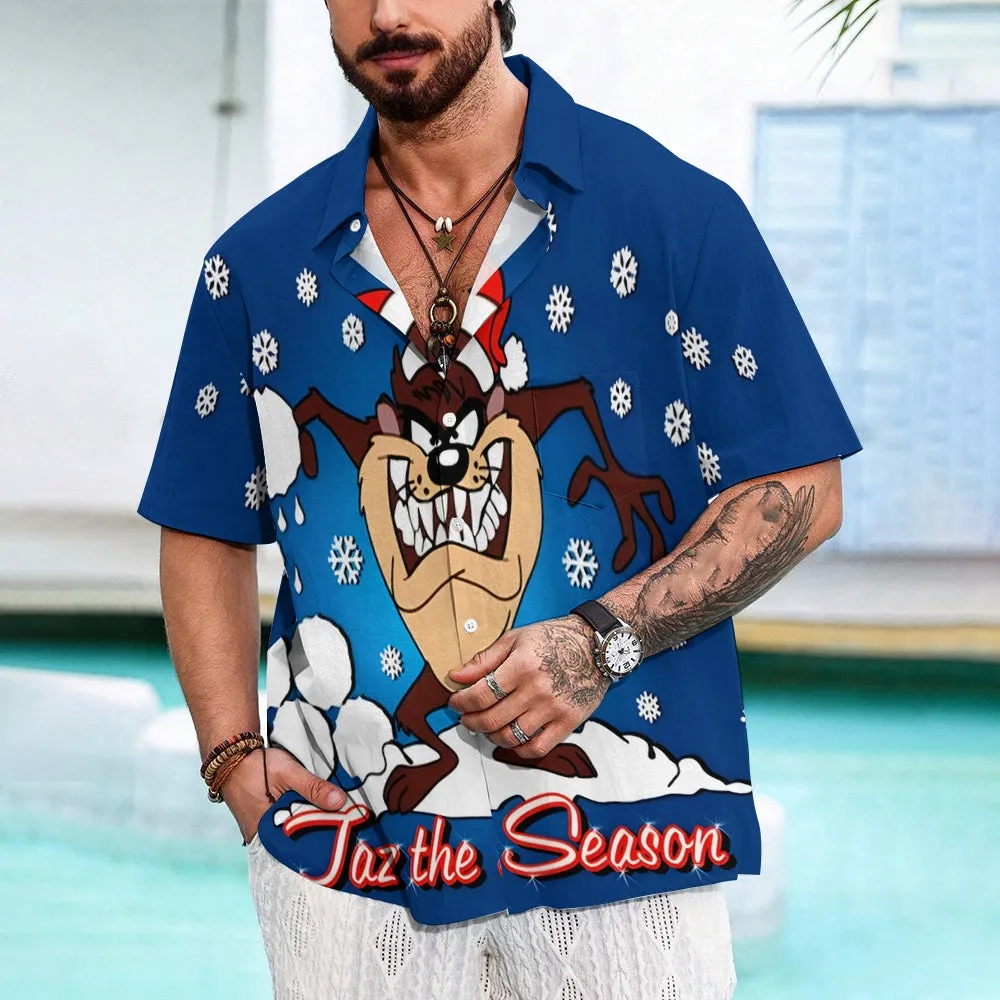 Men's Classic Christmas Snowflake Cartoon Big Mouth Monster Short Sleeve Shirt 2412007800
