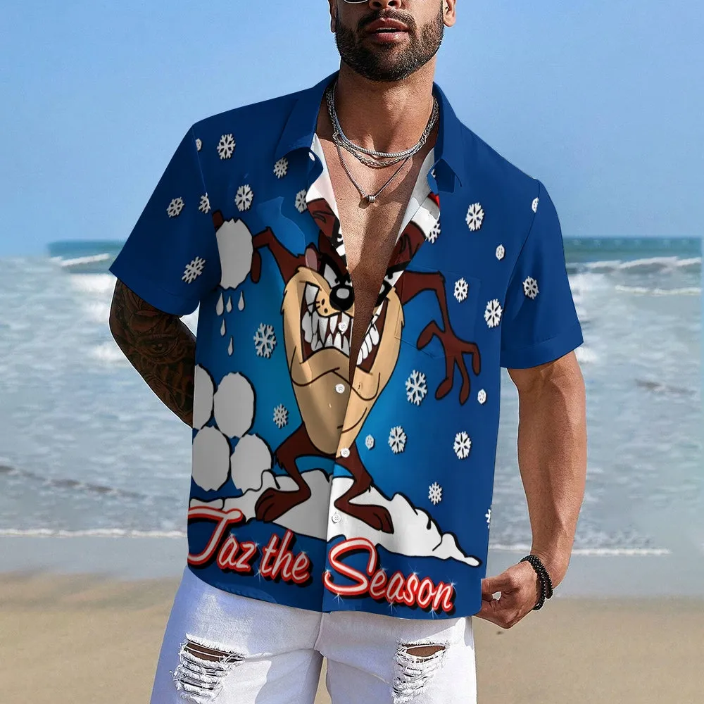 Men's Classic Christmas Snowflake Cartoon Big Mouth Monster Short Sleeve Shirt 2412007800