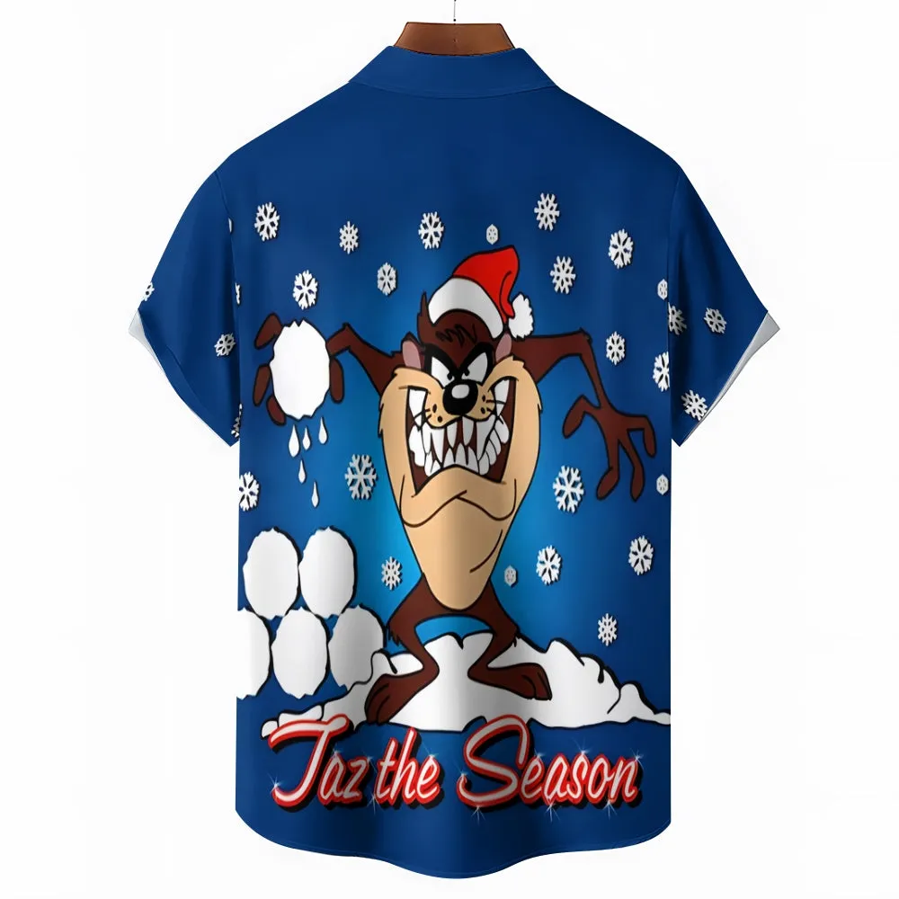 Men's Classic Christmas Snowflake Cartoon Big Mouth Monster Short Sleeve Shirt 2412007800