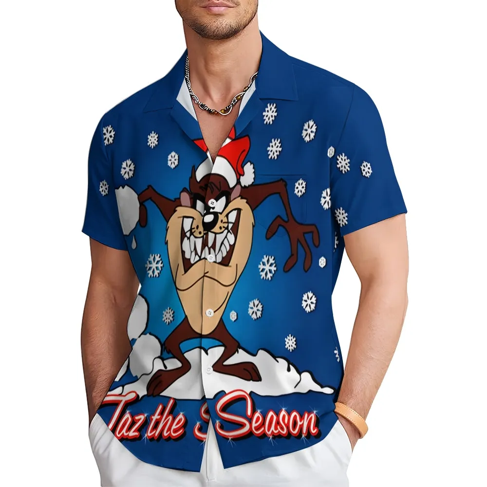 Men's Classic Christmas Snowflake Cartoon Big Mouth Monster Short Sleeve Shirt 2412007800
