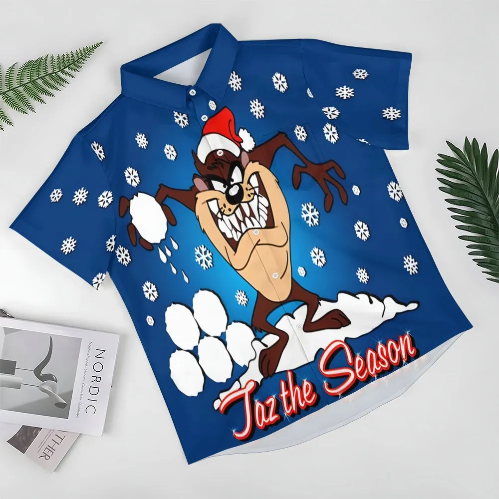 Men's Classic Christmas Snowflake Cartoon Big Mouth Monster Short Sleeve Shirt 2412007800