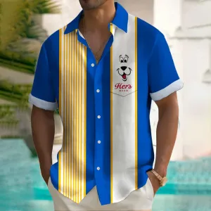Men's Retro Beer Cartoon Stripe Print Short Sleeve Shirt