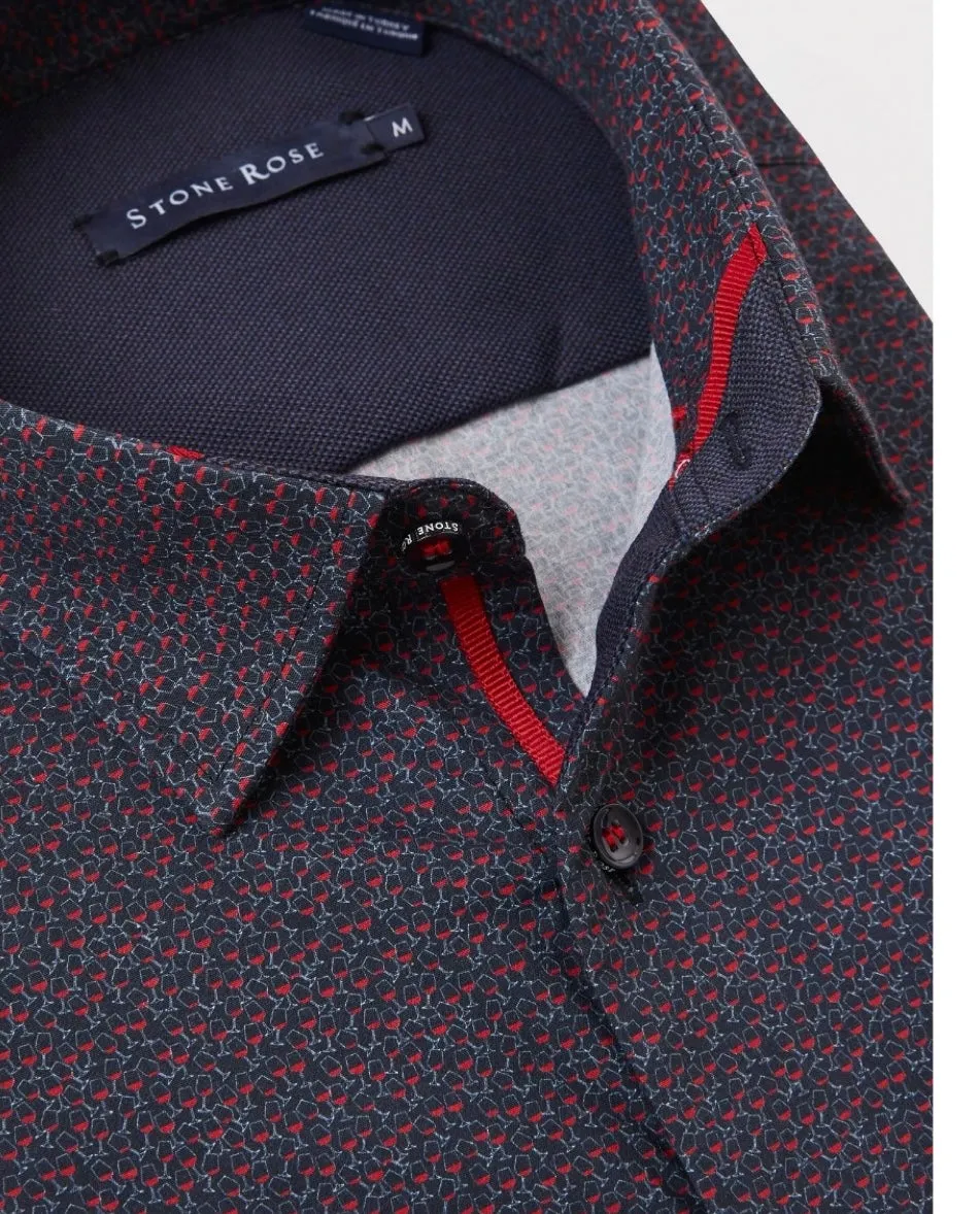 Navy Wine Glass Woven Long Sleeve Shirt