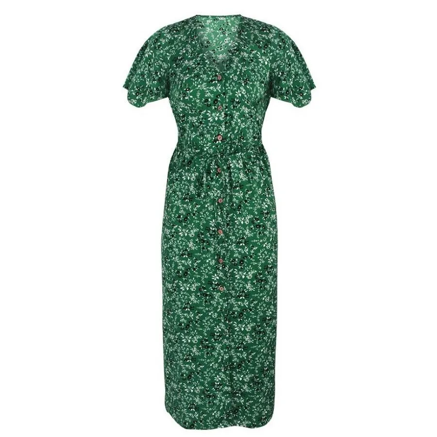 New Ladies Vintage Maxi Floral Print Summer Dress Women Slim Casual High Waist Button Bohemian Women Beach Dress Vestidos Female