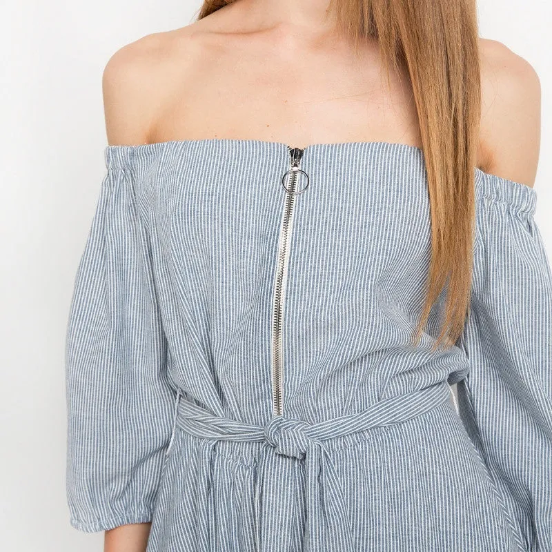 Norry Searsucker Open Shoulder Dress