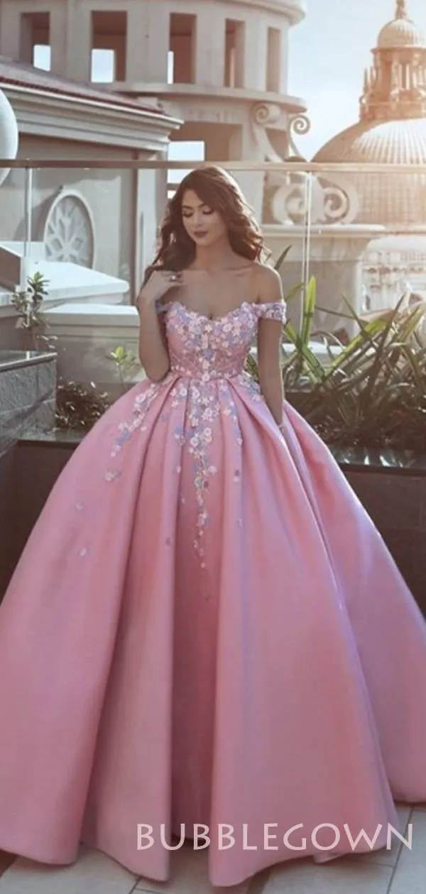 Off Shoulder Pink Satin Ball Gown Appliques Long Evening Prom Dresses, Cheap Custom Prom Dresses, MR7722