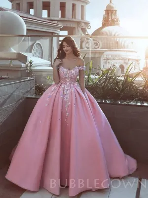 Off Shoulder Pink Satin Ball Gown Appliques Long Evening Prom Dresses, Cheap Custom Prom Dresses, MR7722
