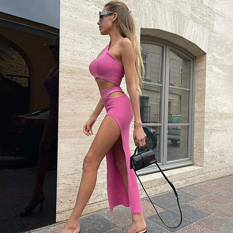 One-shoulder Bra Crop Tops and High Waist Cut Out Slit Skirt