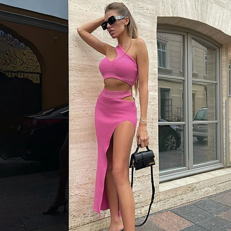 One-shoulder Bra Crop Tops and High Waist Cut Out Slit Skirt