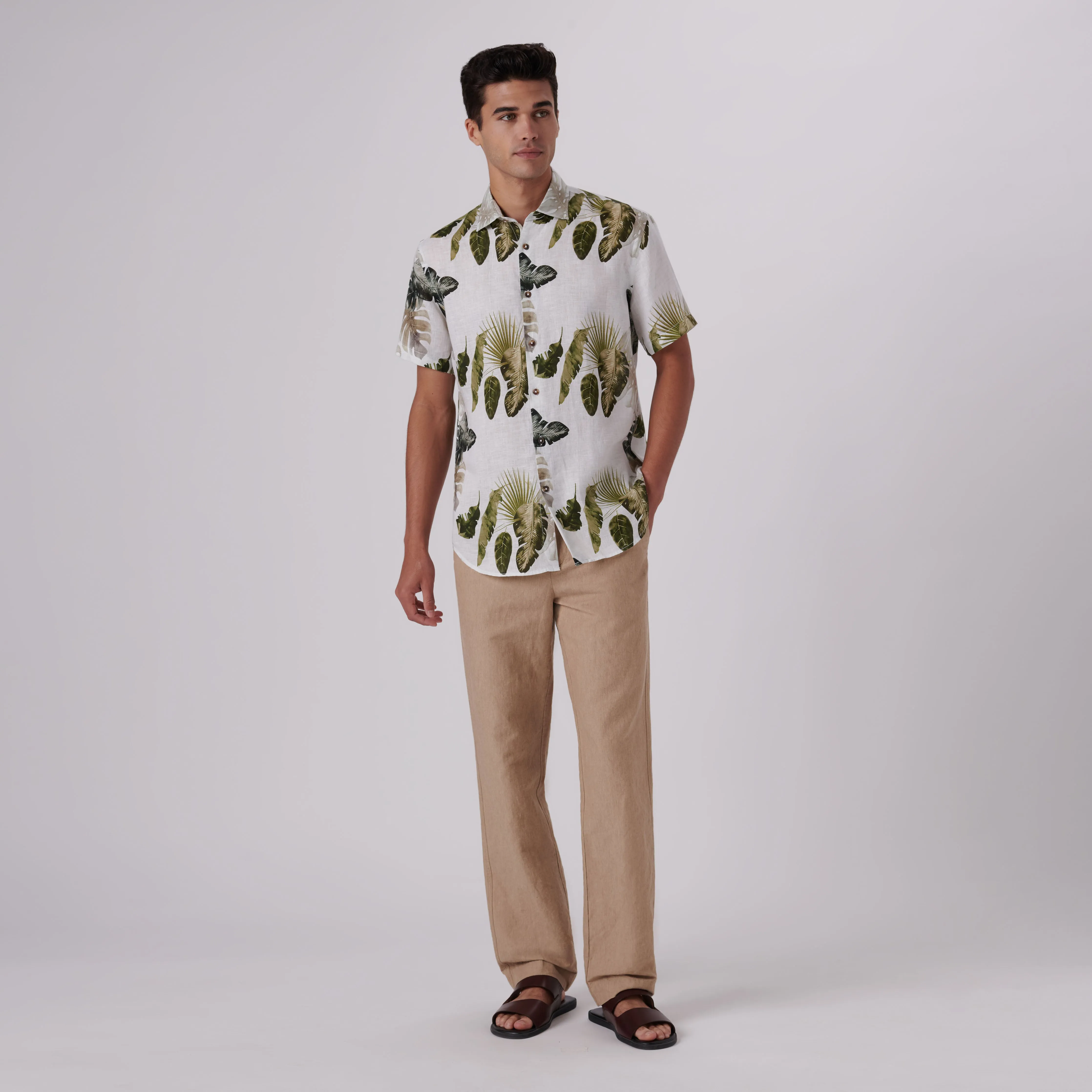 Orson Leaf Print Short Sleeve Linen Shirt