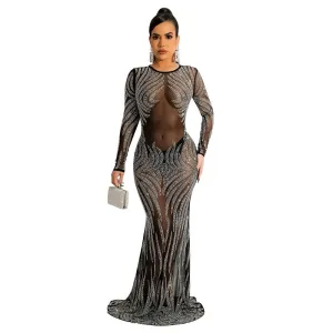 Party Dress Mesh See-through Diamonds Stretchy  Long Dress