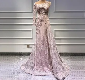 Pink Beading Diamonds Sexy Evening Dresses Real Photo One-Shoulder Mermaid Formal Dress