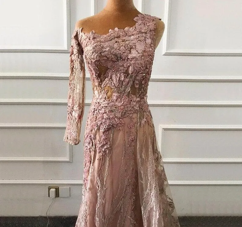 Pink Beading Diamonds Sexy Evening Dresses Real Photo One-Shoulder Mermaid Formal Dress