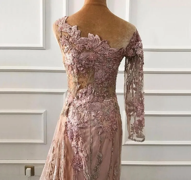 Pink Beading Diamonds Sexy Evening Dresses Real Photo One-Shoulder Mermaid Formal Dress