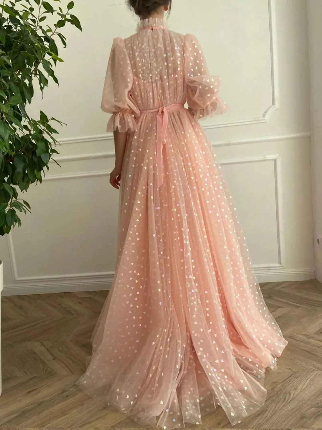 Pink tulle long prom dress, pink tulle evening dress