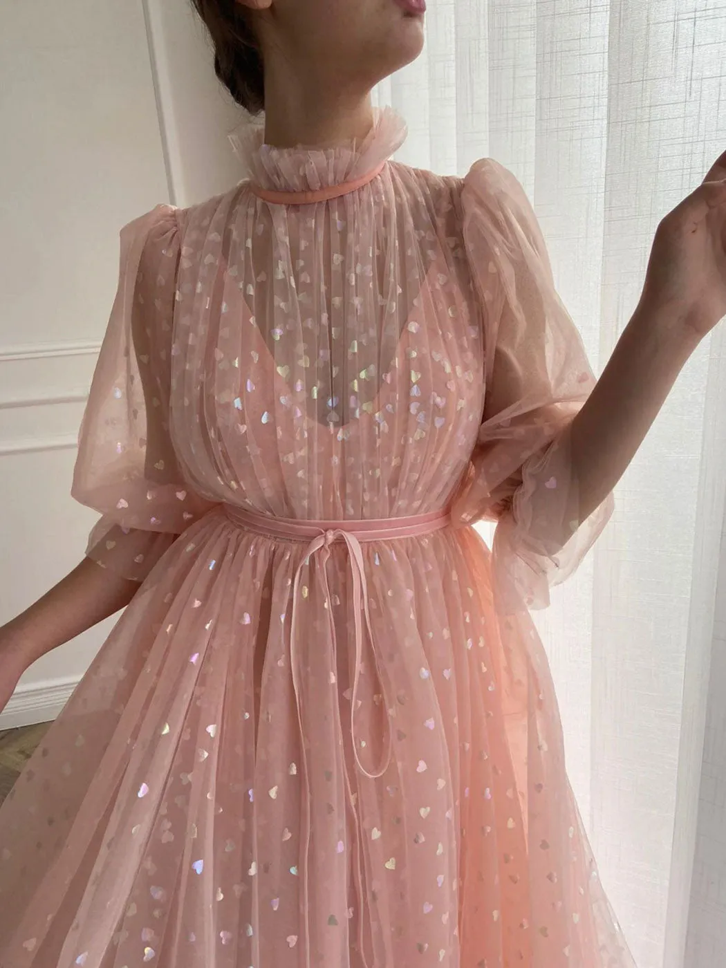 Pink tulle long prom dress, pink tulle evening dress
