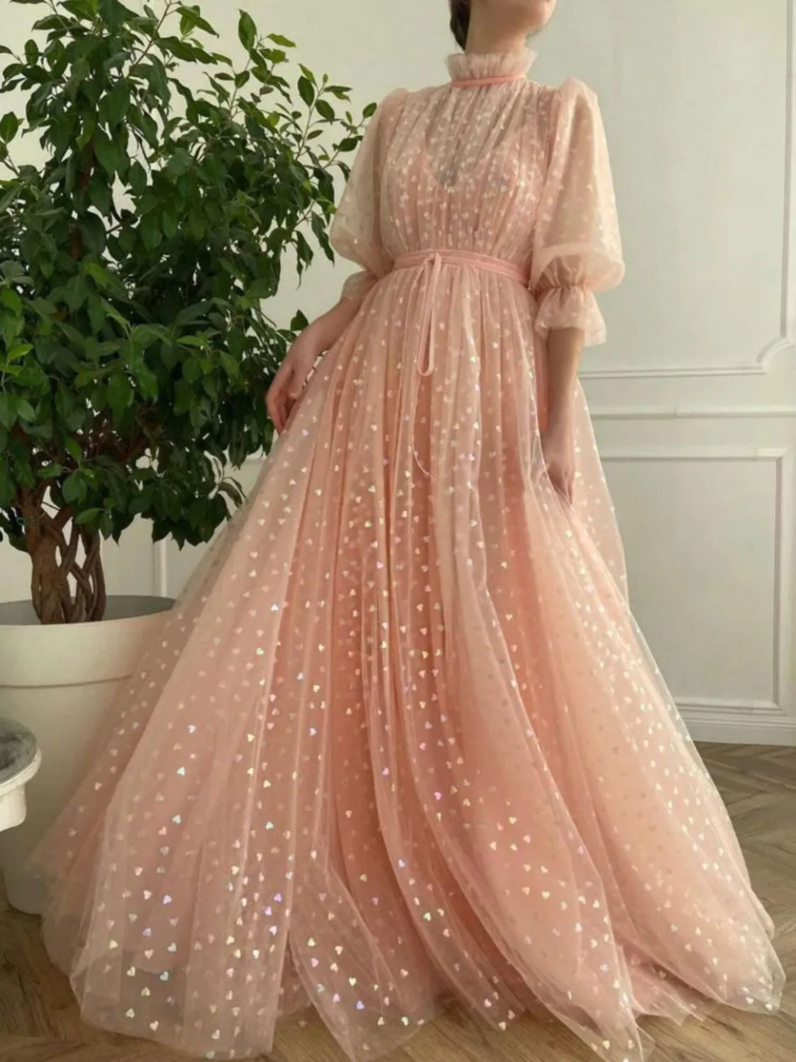 Pink tulle long prom dress, pink tulle evening dress