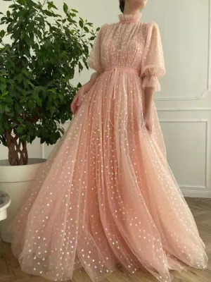 Pink tulle long prom dress, pink tulle evening dress